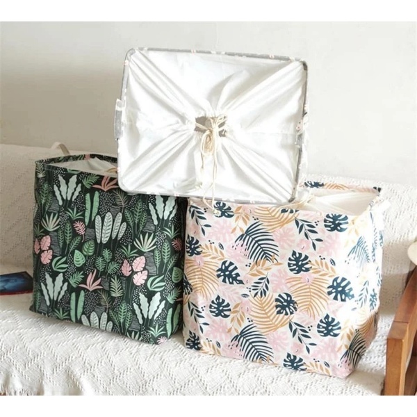 100L Laundry Basket Rectangle Foldable Bin Waterproof Drawstring Extra Large - Black Grid