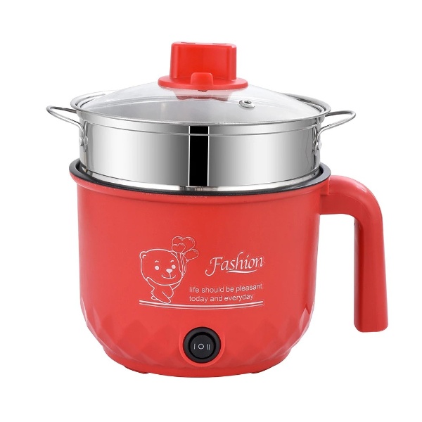 1.8L Non-Stick Electric Pot / Mini Rice Cooker with Steamer Frying Pan Electric Cooker Cooking - Red