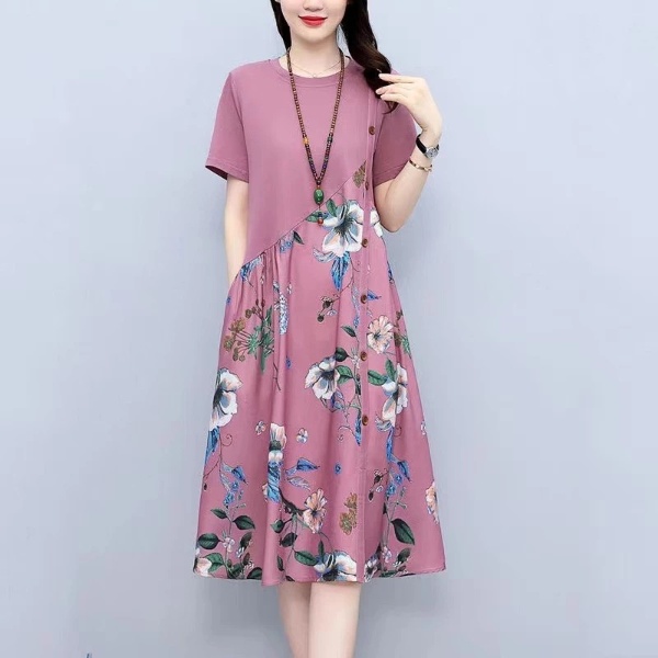 Women Loose Floral Dress Summer Retro Printing Fat Slim A-line Temperament Midi Dress Cotton Mid-Length Maternity Dress Patchwork - Rose Red