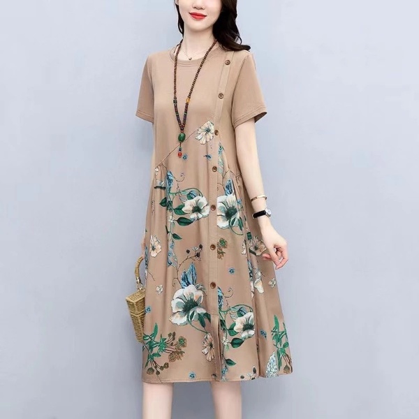 Women Loose Floral Dress Summer Retro Printing Fat Slim A-line Temperament Midi Dress Cotton Mid-Length Maternity Dress Patchwork - Khaki