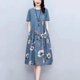 Women Loose Floral Dress Summer Retro Printing Fat Slim A-line Temperament Midi Dress Cotton Mid-Length Maternity Dress Patchwork - Blue - Image 1