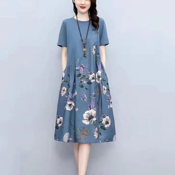 Women Loose Floral Dress Summer Retro Printing Fat Slim A-line Temperament Midi Dress Cotton Mid-Length Maternity Dress Patchwork - Blue