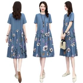 Women Loose Floral Dress Summer Retro Printing Fat Slim A-line Temperament Midi Dress Cotton Mid-Length Maternity Dress Patchwork - Blue - Image 2