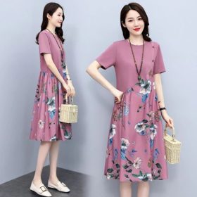 Women Loose Floral Dress Summer Retro Printing Fat Slim A-line Temperament Midi Dress Cotton Mid-Length Maternity Dress Patchwork - Rose Red - Image 3