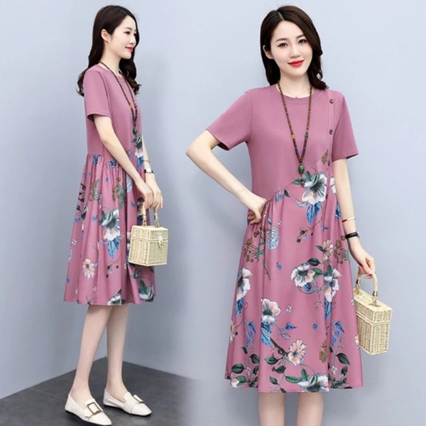 Women Loose Floral Dress Summer Retro Printing Fat Slim A-line Temperament Midi Dress Cotton Mid-Length Maternity Dress Patchwork - Rose Red