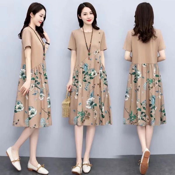 Women Loose Floral Dress Summer Retro Printing Fat Slim A-line Temperament Midi Dress Cotton Mid-Length Maternity Dress Patchwork - Khaki