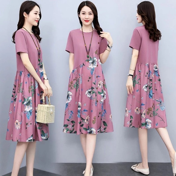 Women Loose Floral Dress Summer Retro Printing Fat Slim A-line Temperament Midi Dress Cotton Mid-Length Maternity Dress Patchwork - Rose Red