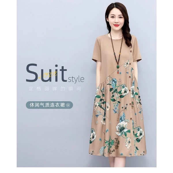 Women Loose Floral Dress Summer Retro Printing Fat Slim A-line Temperament Midi Dress Cotton Mid-Length Maternity Dress Patchwork - Blue
