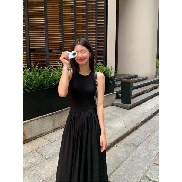 Hepburn Style Women Ladies French Korean Style Temperament Thin Mid-length Long Dress - Black