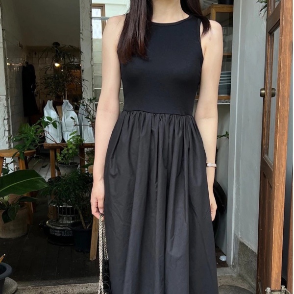 Hepburn Style Women Ladies French Korean Style Temperament Thin Mid-length Long Dress - Black