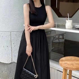 Hepburn Style Women Ladies French Korean Style Temperament Thin Mid-length Long Dress - Black - Image 1