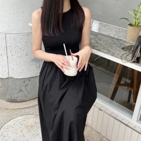Hepburn Style Women Ladies French Korean Style Temperament Thin Mid-length Long Dress - Black - Image 5