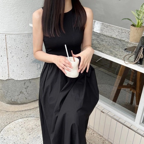 Hepburn Style Women Ladies French Korean Style Temperament Thin Mid-length Long Dress - Black