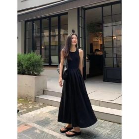 Hepburn Style Women Ladies French Korean Style Temperament Thin Mid-length Long Dress - Black - Image 6