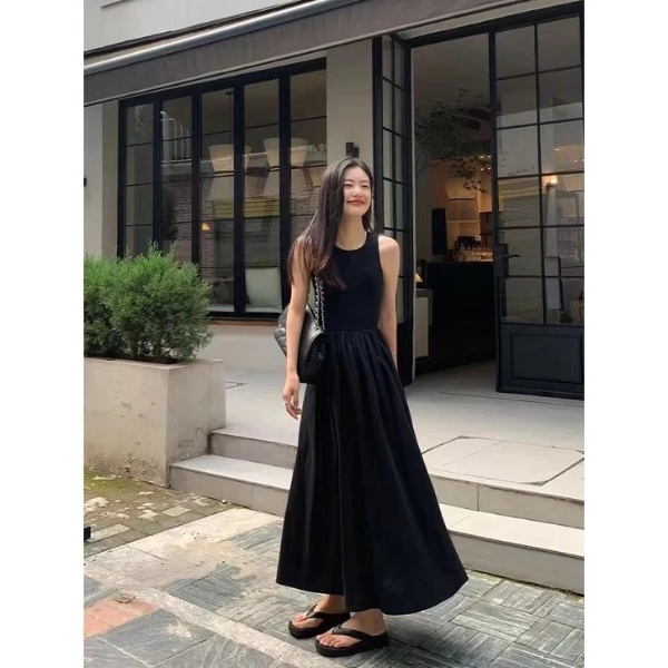 Hepburn Style Women Ladies French Korean Style Temperament Thin Mid-length Long Dress - Black