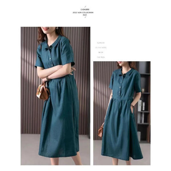 Cotton Linen Dress Korean Style Dress New Style Ladies Loose Casual - Peacock Blue