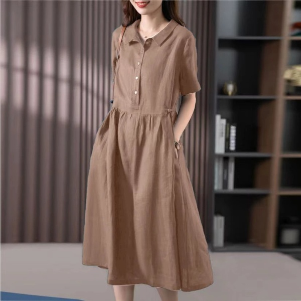 Cotton Linen Dress Korean Style Dress New Style Ladies Loose Casual - Khaki