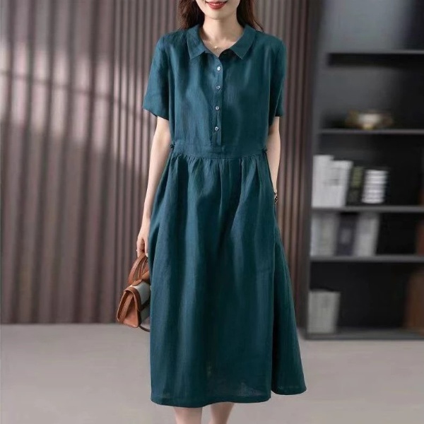 Cotton Linen Dress Korean Style Dress New Style Ladies Loose Casual - Peacock Blue