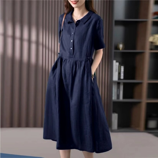 Cotton Linen Dress Korean Style Dress New Style Ladies Loose Casual - Navy Blue