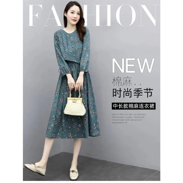 Floral Cotton Linen Dress Women Spring Summer New Style Narrow Waist Slimmer Look Long Sleeve Vintage - Green