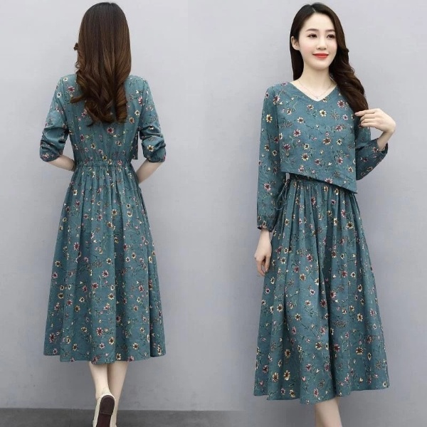 Floral Cotton Linen Dress Women Spring Summer New Style Narrow Waist Slimmer Look Long Sleeve Vintage - Green