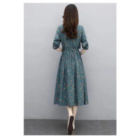 Floral Cotton Linen Dress Women Spring Summer New Style Narrow Waist Slimmer Look Long Sleeve Vintage - Green - Image 3