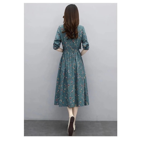 Floral Cotton Linen Dress Women Spring Summer New Style Narrow Waist Slimmer Look Long Sleeve Vintage - Green