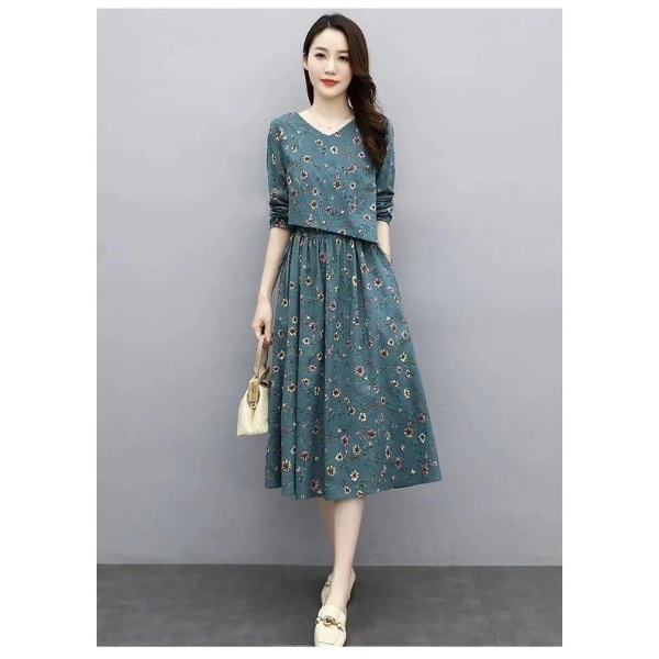 Floral Cotton Linen Dress Women Spring Summer New Style Narrow Waist Slimmer Look Long Sleeve Vintage - Green