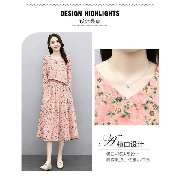 Floral Cotton Linen Dress Women Spring Summer New Style Narrow Waist Slimmer Look Long Sleeve Vintage - Pink