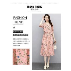 Floral Cotton Linen Dress Women Spring Summer New Style Narrow Waist Slimmer Look Long Sleeve Vintage - Pink - Image 5