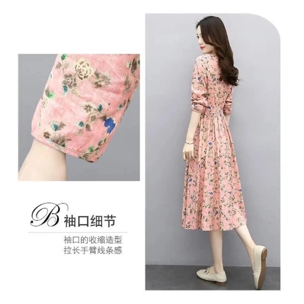 Floral Cotton Linen Dress Women Spring Summer New Style Narrow Waist Slimmer Look Long Sleeve Vintage - Pink