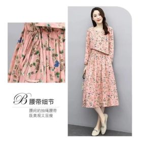 Floral Cotton Linen Dress Women Spring Summer New Style Narrow Waist Slimmer Look Long Sleeve Vintage - Pink - Image 2