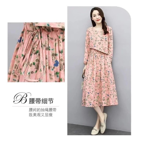 Floral Cotton Linen Dress Women Spring Summer New Style Narrow Waist Slimmer Look Long Sleeve Vintage - Pink