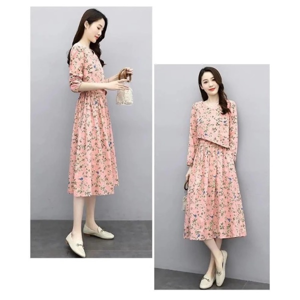 Floral Cotton Linen Dress Women Spring Summer New Style Narrow Waist Slimmer Look Long Sleeve Vintage - Pink