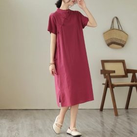 New Year Women Dress Cotton and Linen Dress Cheongsam Short Sleeve Dress Monochrome Casual Midi Dress Loose red dress A- line Dress - Wine Red - Image 1