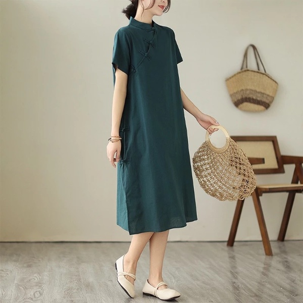 New Year Women Dress Cotton and Linen Dress Cheongsam Short Sleeve Dress Monochrome Casual Midi Dress Loose red dress A- line Dress - Dark Green