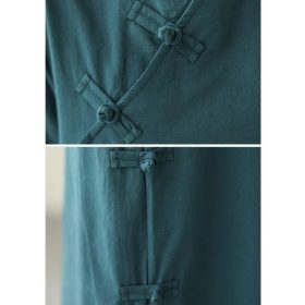 New Year Women Dress Cotton and Linen Dress Cheongsam Short Sleeve Dress Monochrome Casual Midi Dress Loose red dress A- line Dress - Dark Green - Image 5