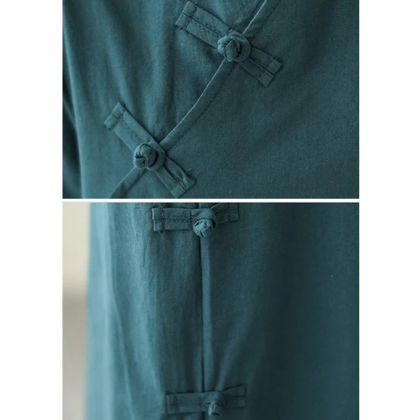 New Year Women Dress Cotton and Linen Dress Cheongsam Short Sleeve Dress Monochrome Casual Midi Dress Loose red dress A- line Dress - Dark Green