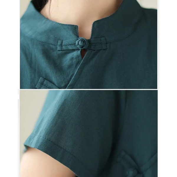 New Year Women Dress Cotton and Linen Dress Cheongsam Short Sleeve Dress Monochrome Casual Midi Dress Loose red dress A- line Dress - Dark Green