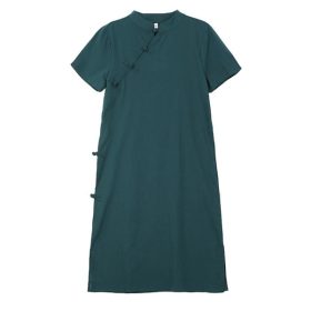 New Year Women Dress Cotton and Linen Dress Cheongsam Short Sleeve Dress Monochrome Casual Midi Dress Loose red dress A- line Dress - Dark Green - Image 6