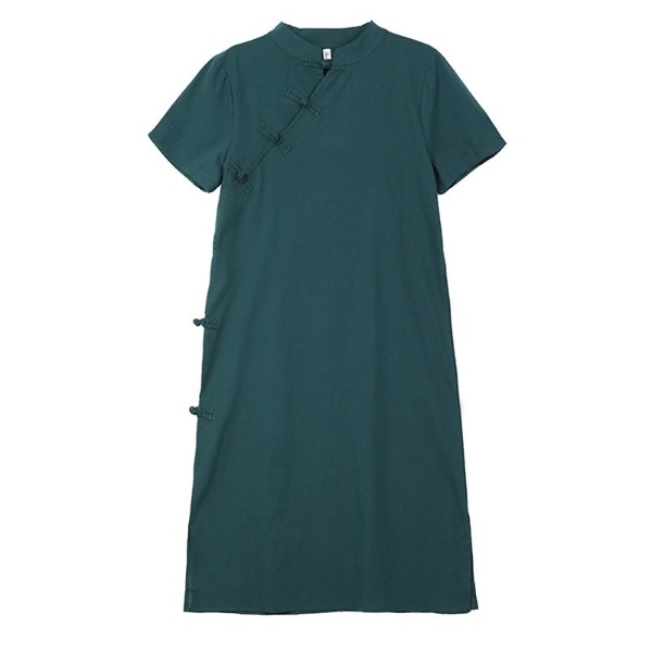 New Year Women Dress Cotton and Linen Dress Cheongsam Short Sleeve Dress Monochrome Casual Midi Dress Loose red dress A- line Dress - Dark Green