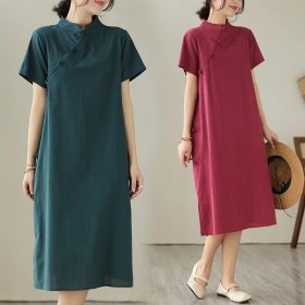 New Year Women Dress Cotton and Linen Dress Cheongsam Short Sleeve Dress Monochrome Casual Midi Dress Loose red dress A- line Dress - Wine Red - Image 2
