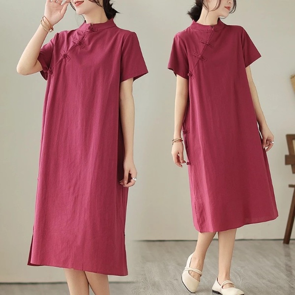 New Year Women Dress Cotton and Linen Dress Cheongsam Short Sleeve Dress Monochrome Casual Midi Dress Loose red dress A- line Dress - Wine Red