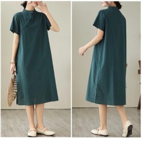 New Year Women Dress Cotton and Linen Dress Cheongsam Short Sleeve Dress Monochrome Casual Midi Dress Loose red dress A- line Dress - Dark Green - Image 3
