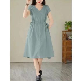 Women Dress plus Size Cotton and Linen V-neck Short Sleeve Mid-Length Dress Loose Straight Mid-Length Dress Female Casual A- Line Dress - Bean Green - Image 2