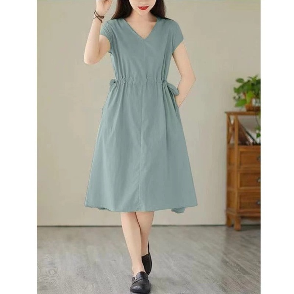 Women Dress plus Size Cotton and Linen V-neck Short Sleeve Mid-Length Dress Loose Straight Mid-Length Dress Female Casual A- Line Dress - Bean Green