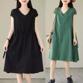 Women Dress plus Size Cotton and Linen V-neck Short Sleeve Mid-Length Dress Loose Straight Mid-Length Dress Female Casual A- Line Dress - Green - Image 2