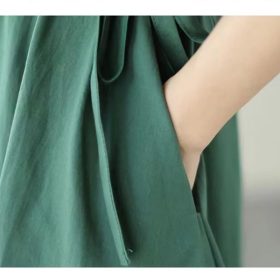 Women Dress plus Size Cotton and Linen V-neck Short Sleeve Mid-Length Dress Loose Straight Mid-Length Dress Female Casual A- Line Dress - Green - Image 3