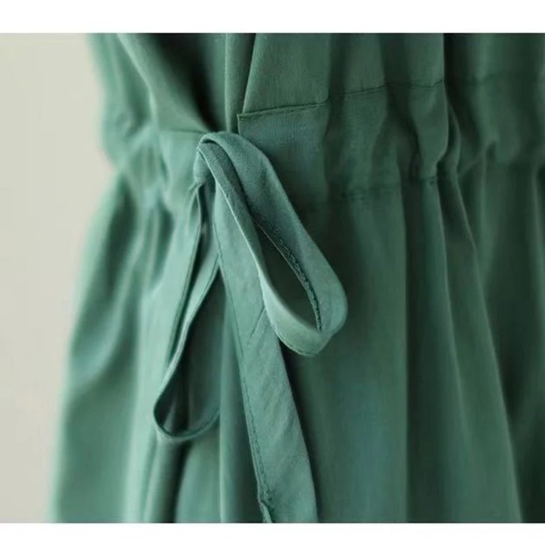 Women Dress plus Size Cotton and Linen V-neck Short Sleeve Mid-Length Dress Loose Straight Mid-Length Dress Female Casual A- Line Dress - Green