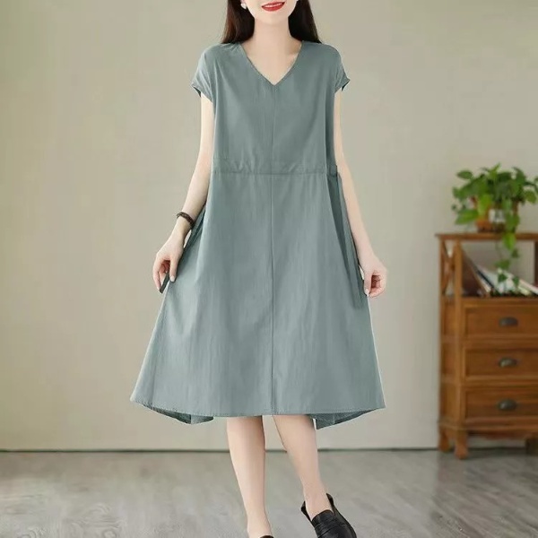 Women Dress plus Size Cotton and Linen V-neck Short Sleeve Mid-Length Dress Loose Straight Mid-Length Dress Female Casual A- Line Dress - Bean Green